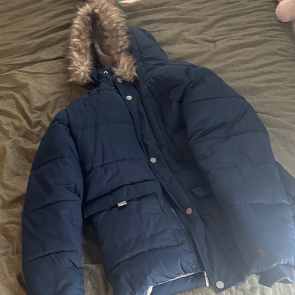 Navy Hooded Puffer Jacket with Faux Fur Trim